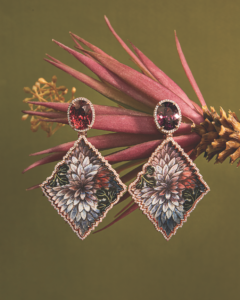 One-of-a-kind earrings set in 18-karat gold with diamond, pink tourmaline and hand-painted miniatures