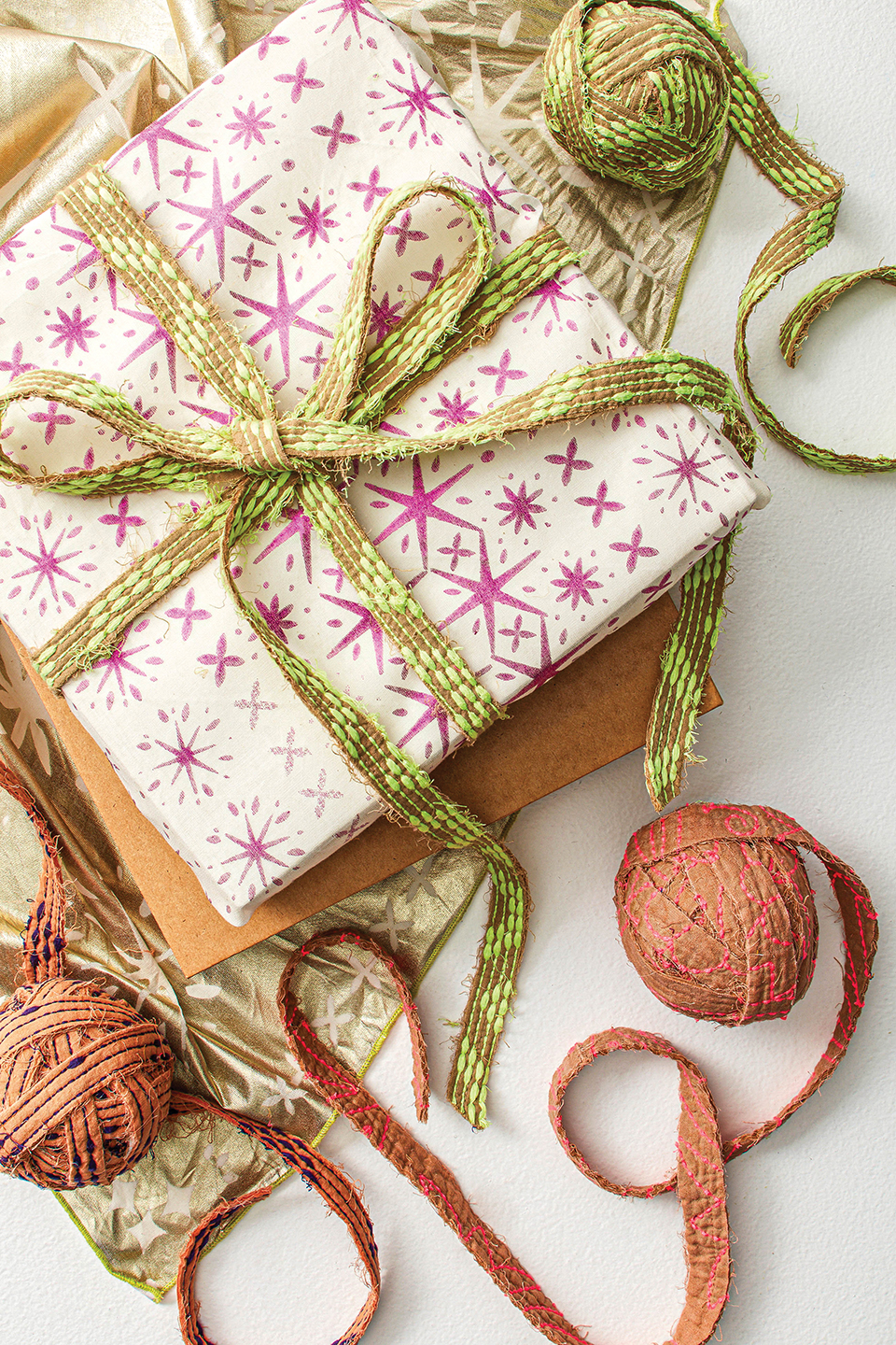 Gift wrap with pink stars and a ribbon wrapped around it