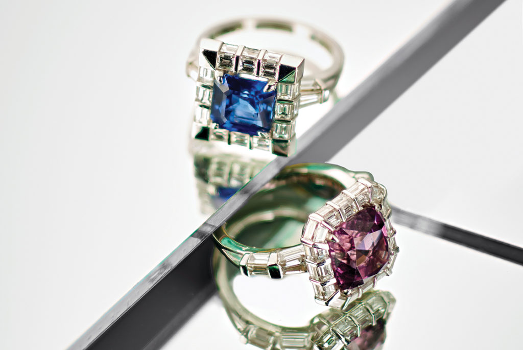 Paul Morelli 18K White Gold Blue Sapphire with Diamonds Moderne Octagon Ring and 18K White Gold Pinkish Purple Spinel Cushion-Cut Ring with Diamonds