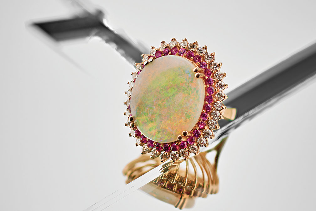 Opal Ring with Pink Sapphire and Diamond Halo