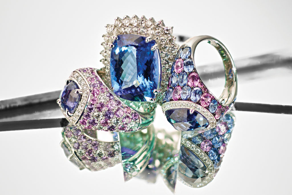 Tanzanite and Diamond Ring, Robert Procop Blue, Pink and Purple Sapphire Rings