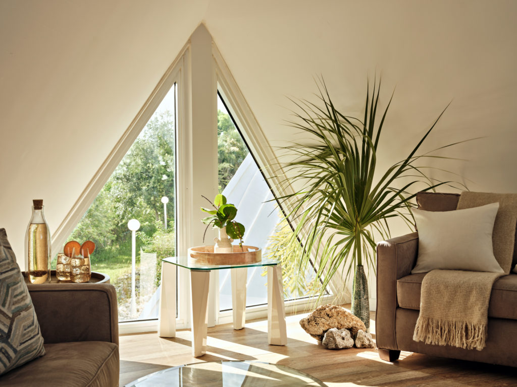 Midcentury modern furnishings in pyramid rooms