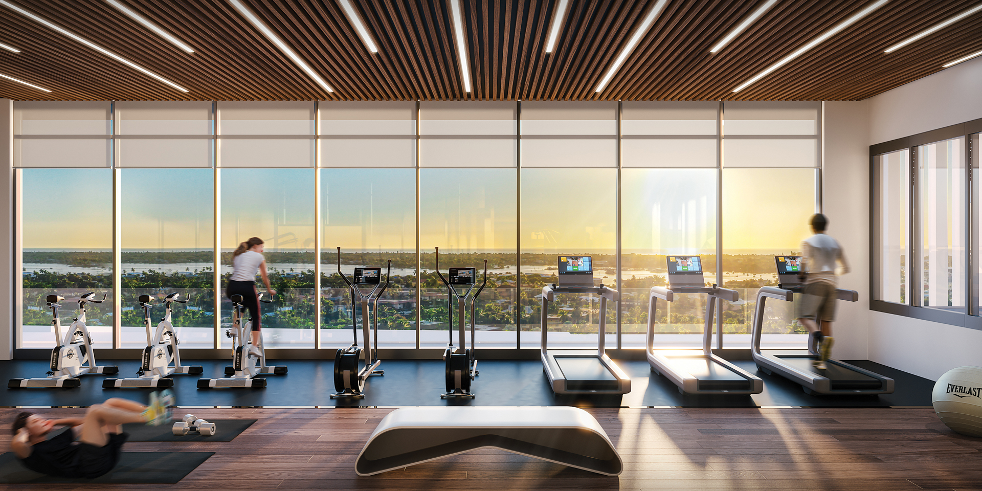 Fitness center with view of the city
